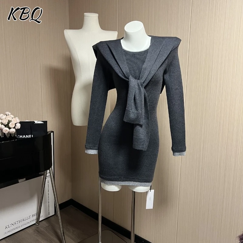 KBQ Solid Slimming Knitting Dreses For Women Shawl Long Sleeve Temperament Design Sense Pullover Dress Female Fashion Style New