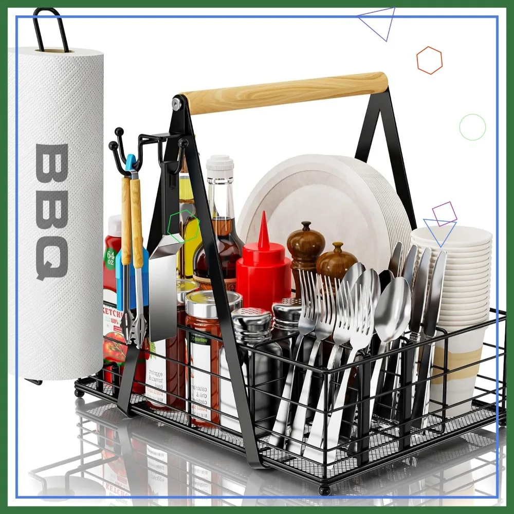 

Portable Grill Caddy with Paper Towel Holder, BBQ Condiment Organizer for Camping and Picnics