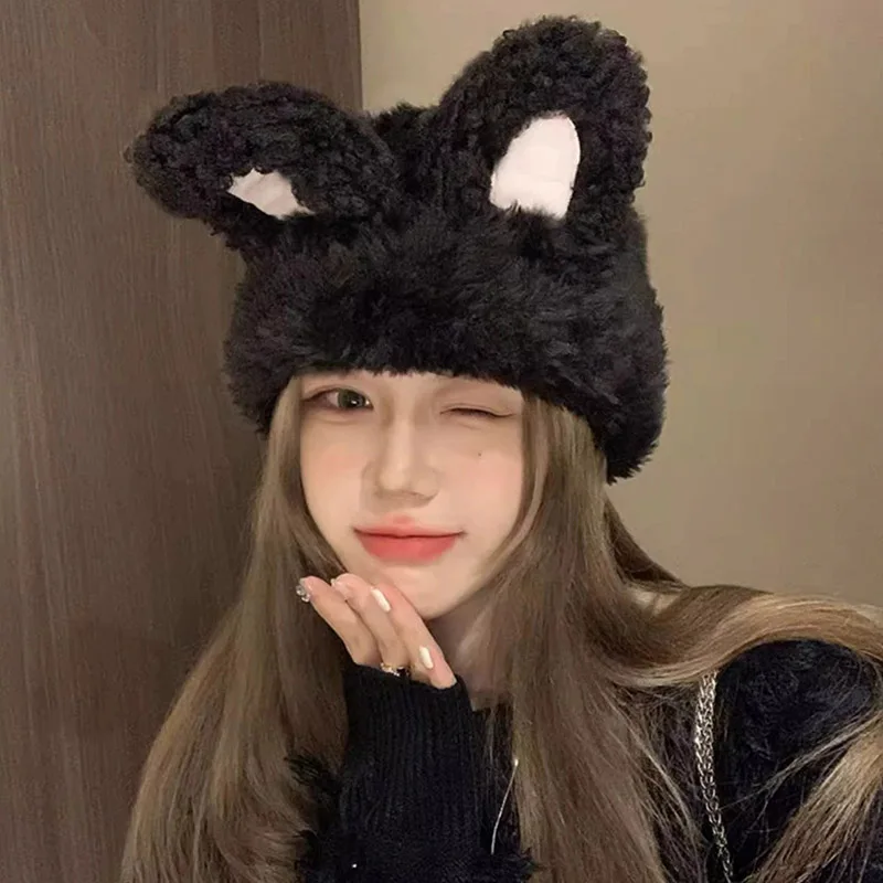 Cute Rabbit Ear Plush Beanie Hat Thicken Winter Warm Anti Cold Knitted Pullover Cap Korean Girl Funny Cartoon Skullcaps Bonnet