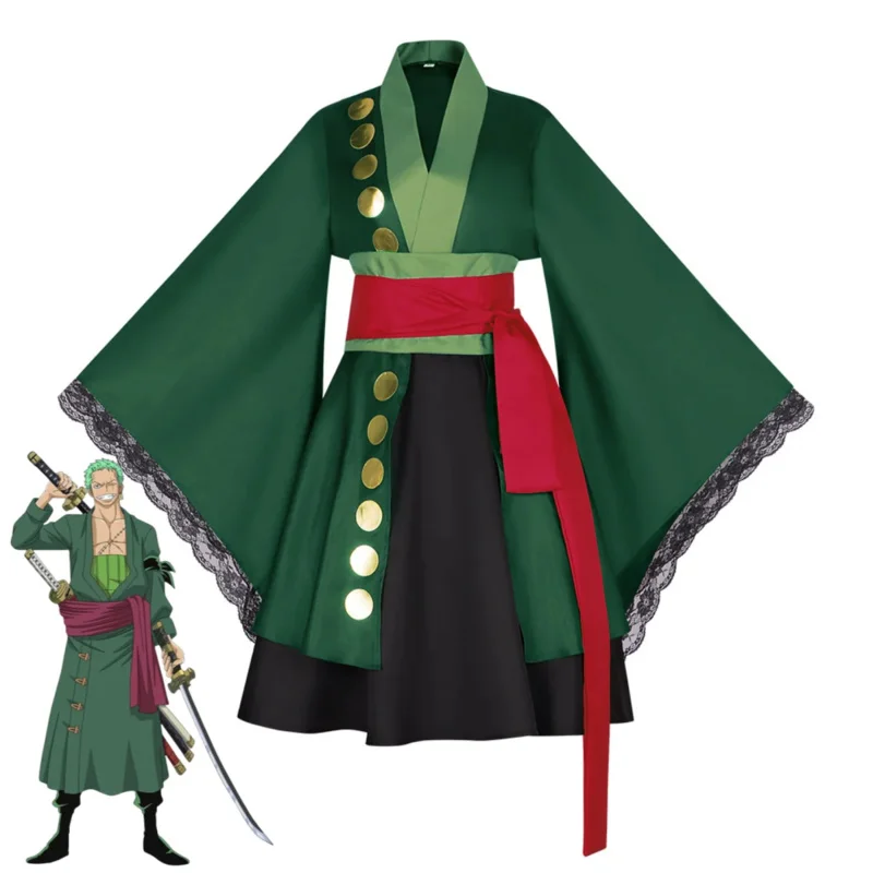 CyAnime Roronoa Zoro Косплей Костюм Wano Kuni Country Женское Зеленое Японское Кимоно Лолита Юбка Парик Женский Сексуальный Карнавальный Костюм