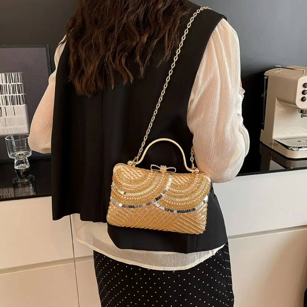 

French Metal Top Handle Evening Banquet Bag Shiny Glitter Sequin Box Handbag Rhinestone Large Capacity Tassel Shoulder Bag Party