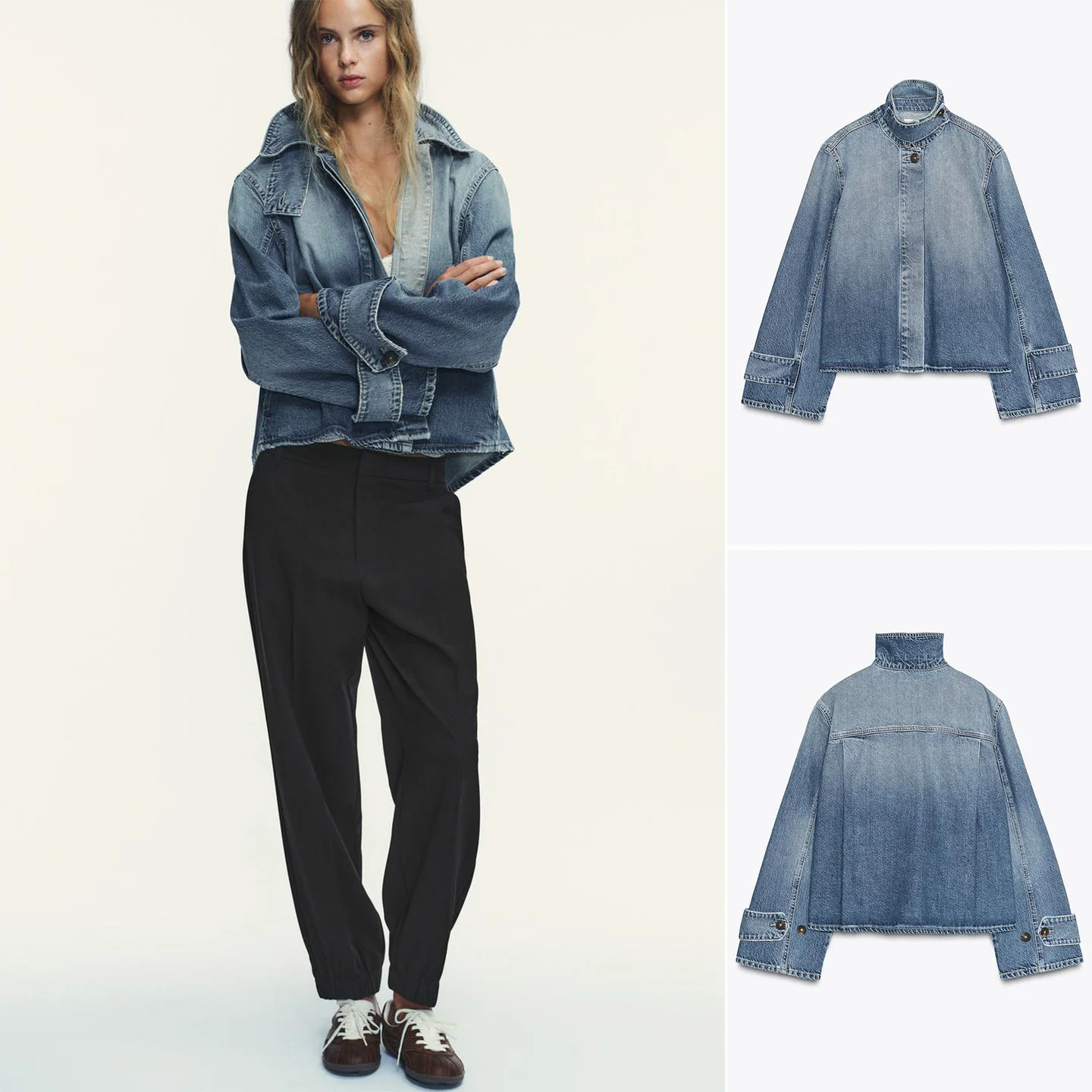 

Весенняя новинка: женская укороченная джинсовая куртка с длинными рукавами и высоким воротником в минималистичном стиле, с невидимыми пуговицами