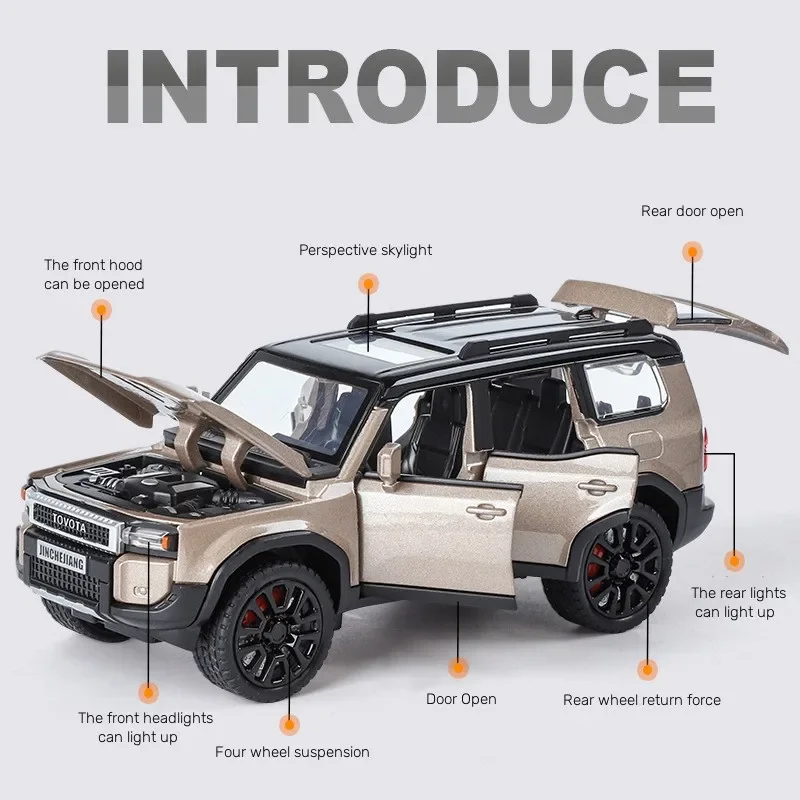 1:32 Toyota Land Cruiser Prado SUV Diecast miniatur mobil skala logam Aloi Model mobil koleksi suara & cahaya hadiah kendaraan mainan