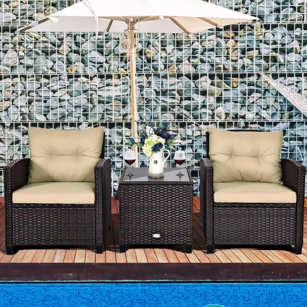 3-teiliges Terrassenmöbel-Set, 3-teiliges Outdoor-Sofaset aus PE-Rattangeflecht mit waschbarem Kissen und Tischplatte aus gehärtetem Glas