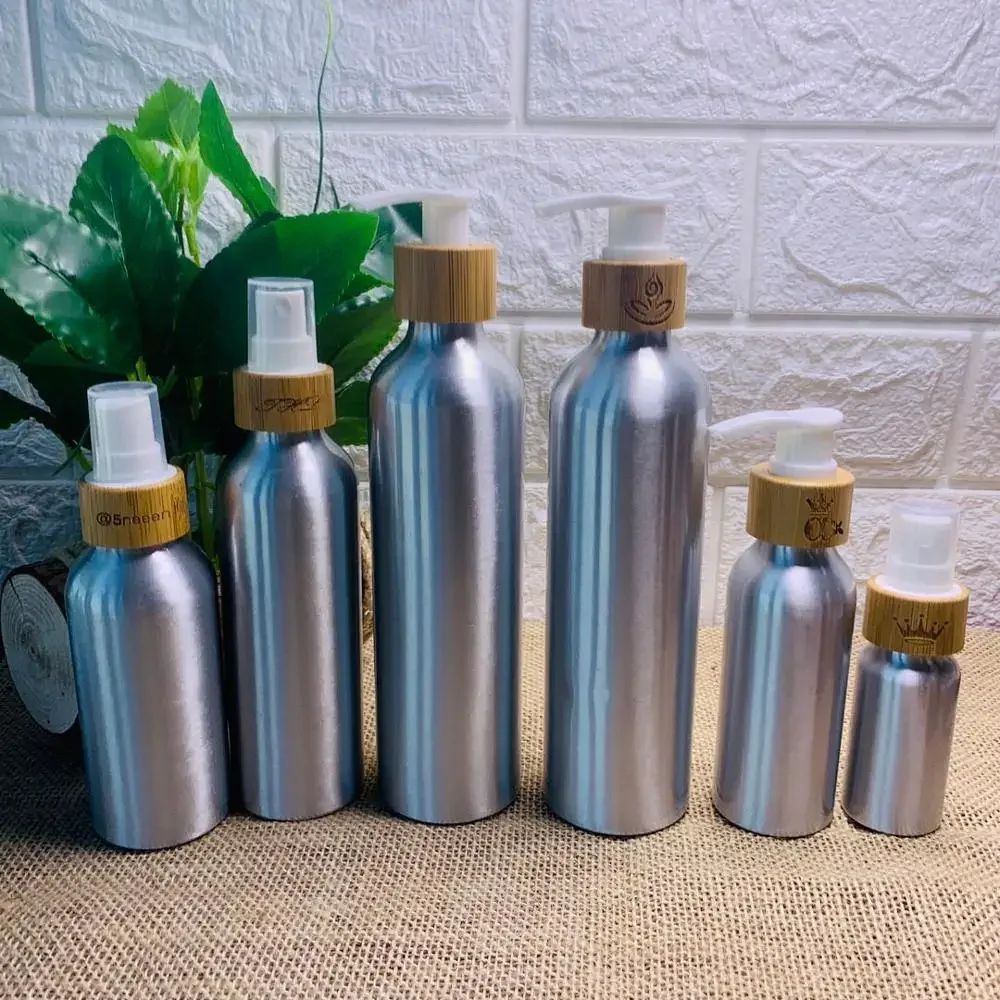 

Empty Round Silvery Aluminum Bottle with Bamboo Wood Spray Pump Lotion Cap，Household Personal Care Cosmetics packaging container