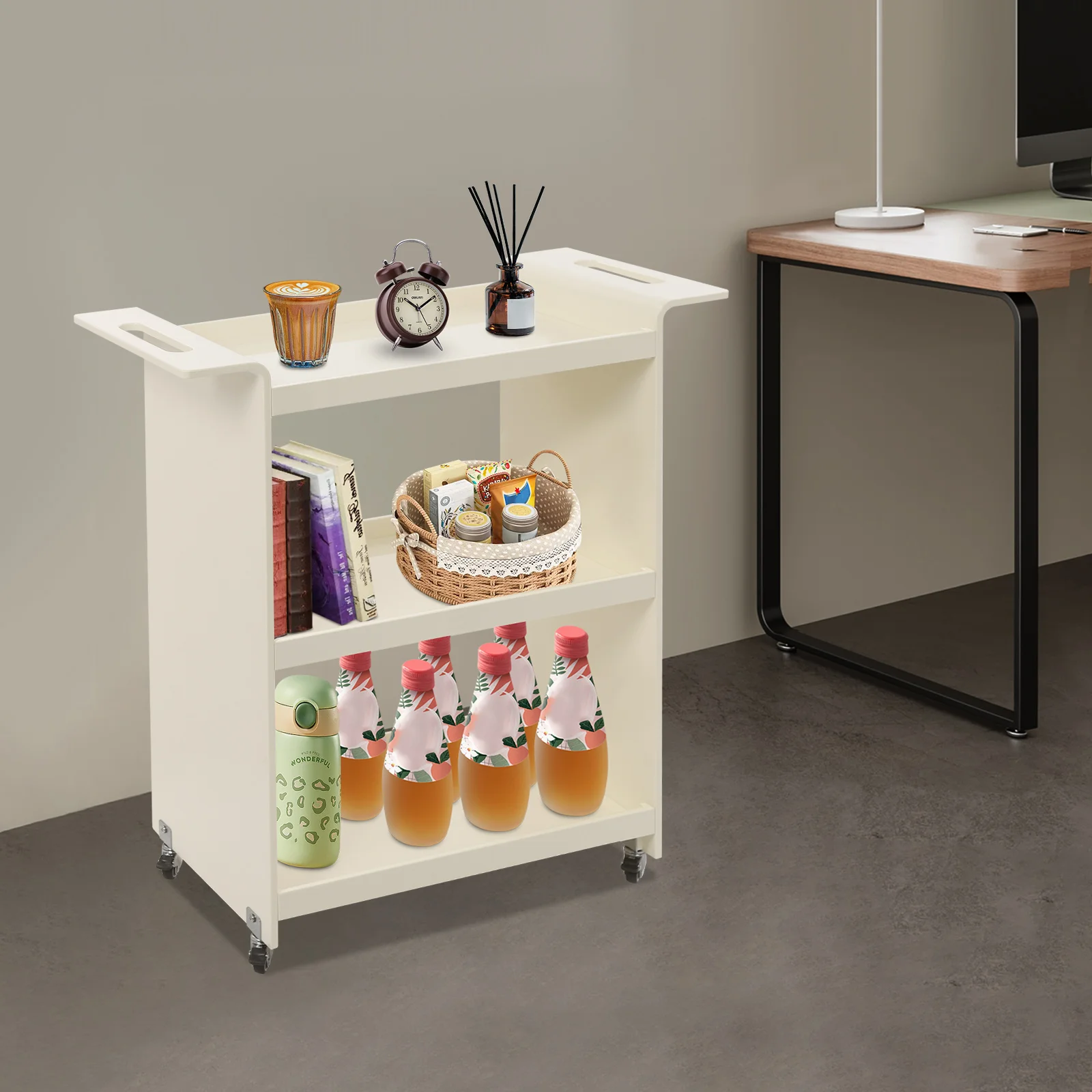 รถเข็นอเนกประสงค์แบบกลิ้ง 3 ชั้น 66.14 ปอนด์โหลด 2811.828.7in PC วัสดุล้อล็อคได้เหมาะสำหรับบ้านบาร์ร้านกาแฟกิจกรรม