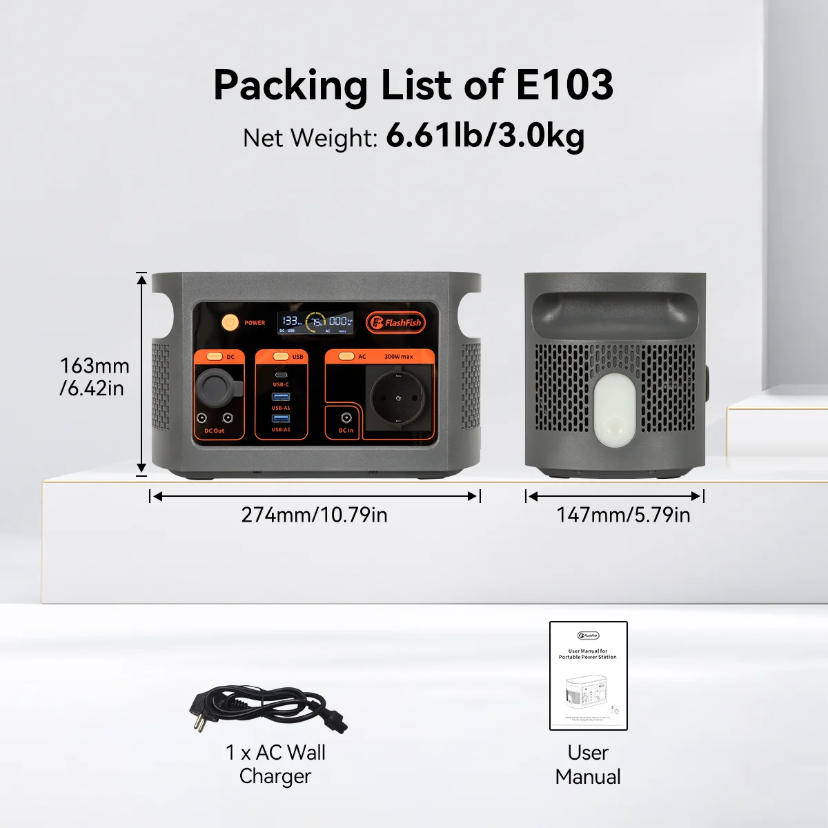 Flashfish E103 Draagbare Powerstation 300W Oplaadbare Batterij, 179.2Wh LiFePO4 Batterij Energiebank, Multi-Output Zonnegenerator - afbeelding 1