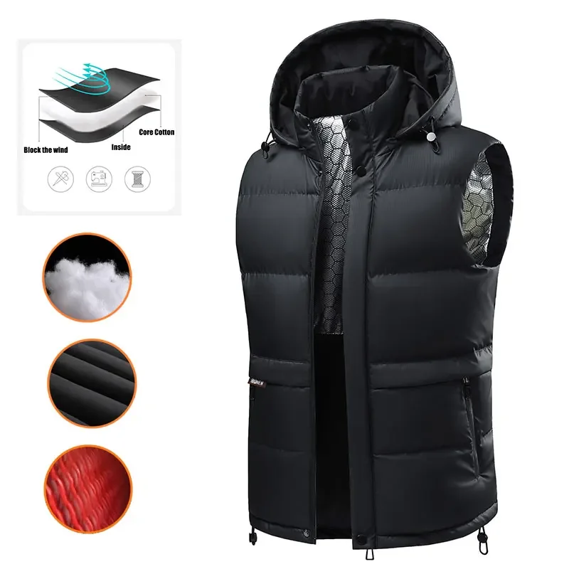 

Winter Sports Vest Men's Hooded Waterproof Windproof Breathable Thick Sleeveless Jacket Removable Hat Warm Vest Running Sports