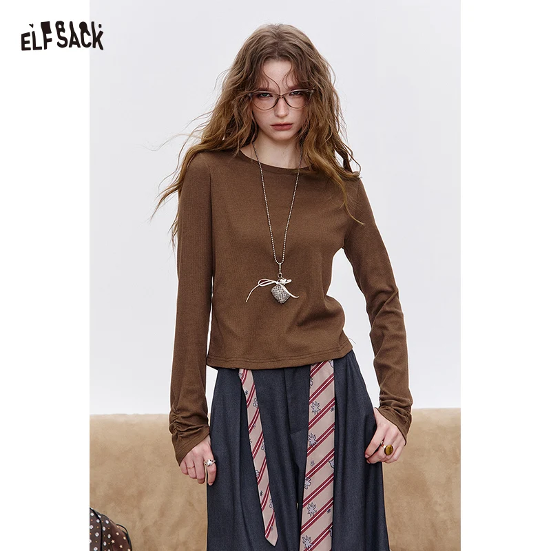 

ELFSACK 2025 Autumn New Arrival Casual Solid Minimalist Base Layer Long Sleeve T-Shirt For Woman