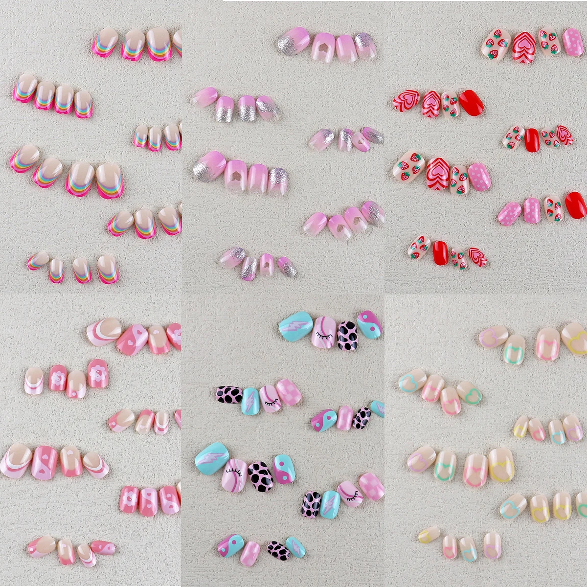 24 Pcs Rainbow Kids Press on Nails Pre-glue Children Heart Pattern False Nail Art Tips Short Full Cover Fake Nails for Girl