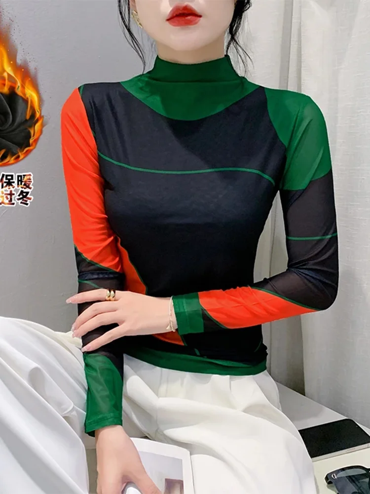 

Winsleter Streetwear Tshirt Long Sleeve Tees Women Mock Neck Color-block Fleece Slim Mesh Tops Autumn T30501JM