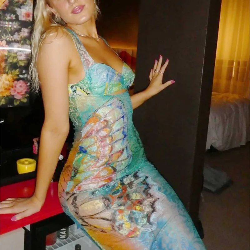 Neues, modisches, bunt bedrucktes Schmetterlingskleid y2K, durchsichtiges, hohles, ärmelloses, langes, rückenfreies, einteiliges Geburtstagsparty-Tanktop