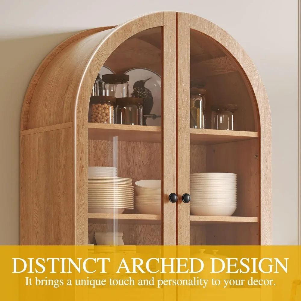 DWVO Arched Pantry Cabinet, 71 Tall Glass Door Display Storage Cabinets W/Drawer & Adjustable Shelves, Farmhouse Versatile Cupbo