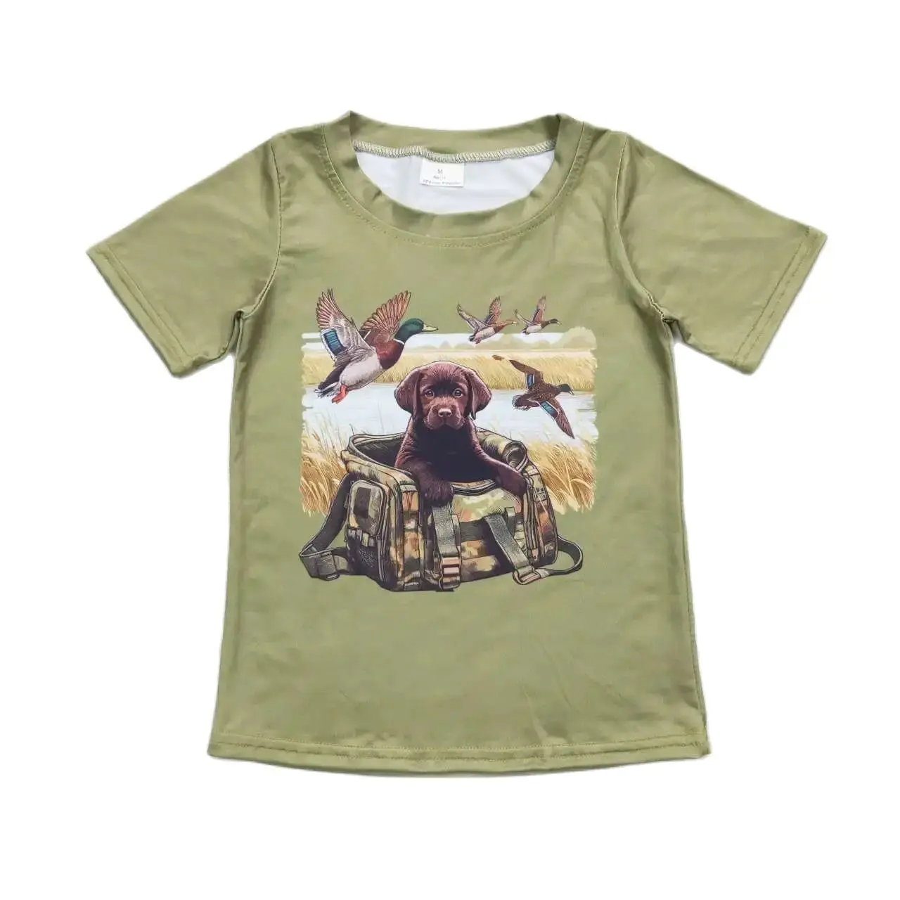 

BT0637 Puppy backpack and duck print army green short-sleeved cotton boy kids clothes children bulk clothing