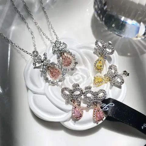 MDL Moissanite Style Sweet Princess Pink Bow Earrings 18K Rose Gold Plated Small Fashion Necklace