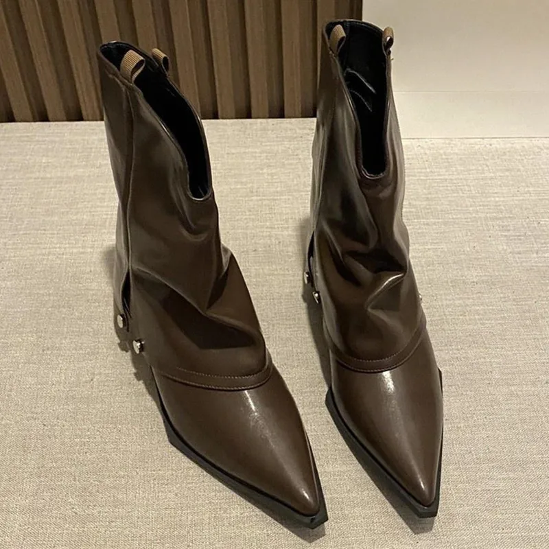 Solid Color Chelsea Boots For Women Mid Heel Pointed Toe Black Knight Boots Cool Female Shoes All-matching Designer Brand Shoes