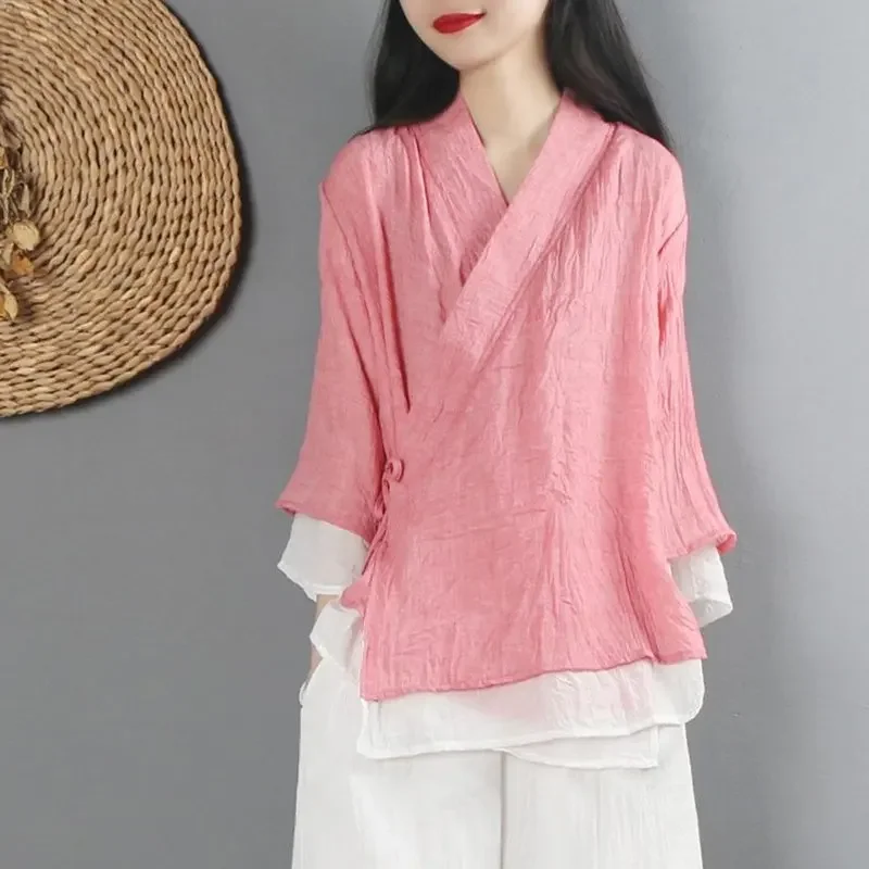 Women Linen Shirt Tops Chinese Style Vintage Retro Shirt Cardigan Coat Fairy Tai Chi Uniform Tang Suit Breathable Casual Hanfu