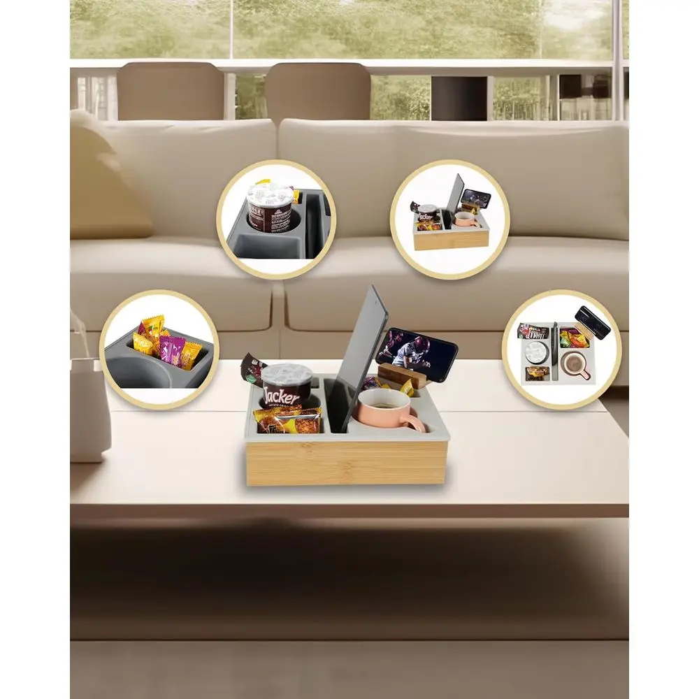 Gray Silicone Bamboo Couch Caddy with Rotatable Phone Holder, Waterproof Sofa Tray for Snacks, Beverages, and Remote Control