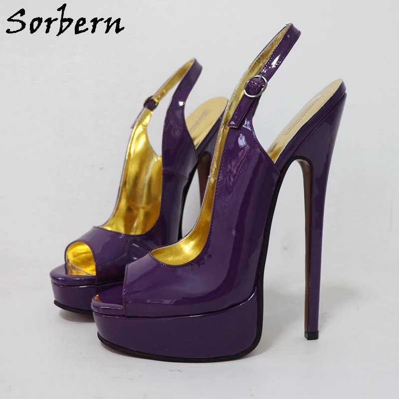 Sorbern Purple Glossy Women Pump Shoes Slingback Open Toe Shoes Platform High Heel 20cm Stilettos Custom Color