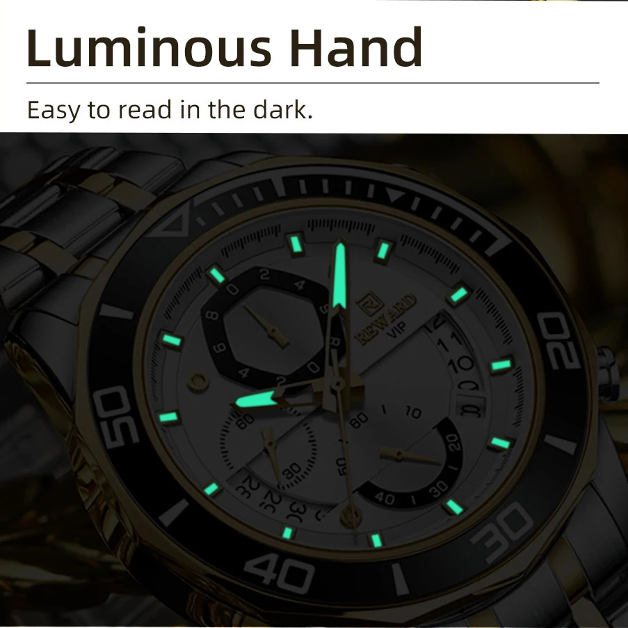 REWARD Mens Watches Fashion Business Stainless Steel Wristwatch Waterproof Luminous Chronograph Calendar Quartz Watches