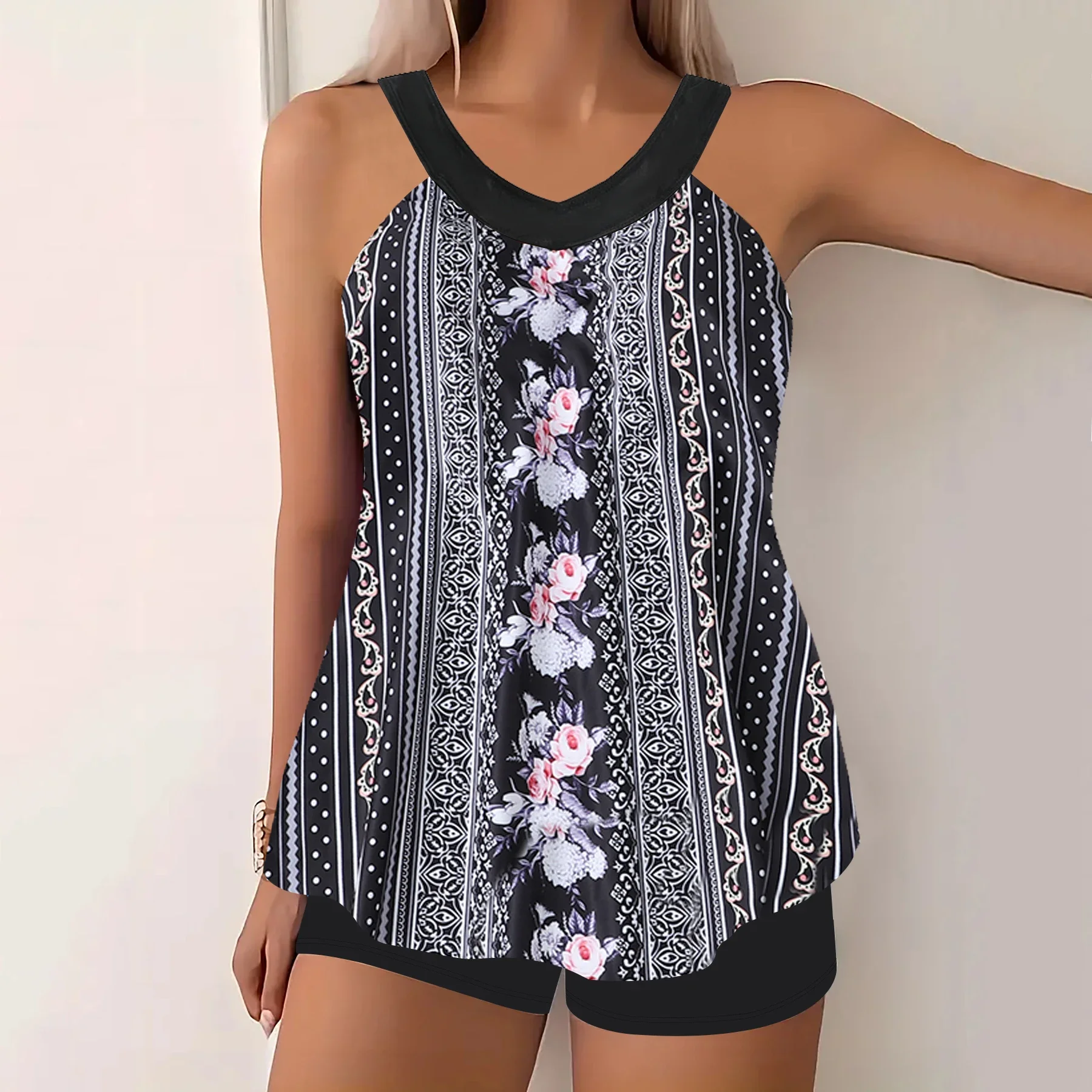Floral Print Patchwork Black 2 Piece Set Tankini, Round Neck High Waist Stretchy Swimsuits, Women's Summer Bikini Beachwear