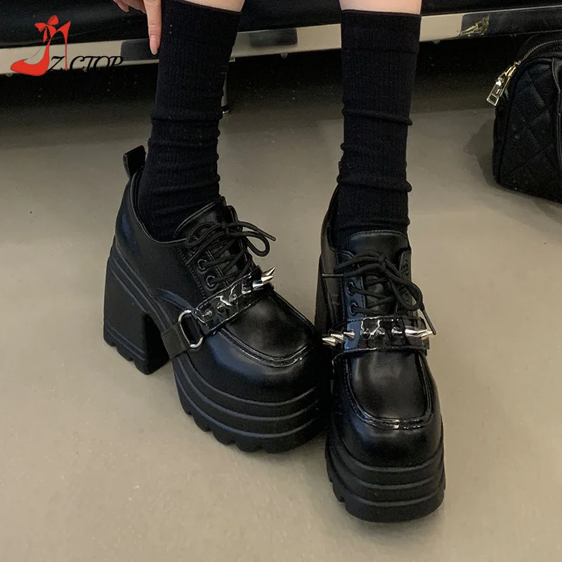 

Punk Goth Round Toe Platform Women Shoes Pumps Chunky High Heels Mary Jane Shoes New 2026 Black Rivet Cosplay Shoes Size 35-42