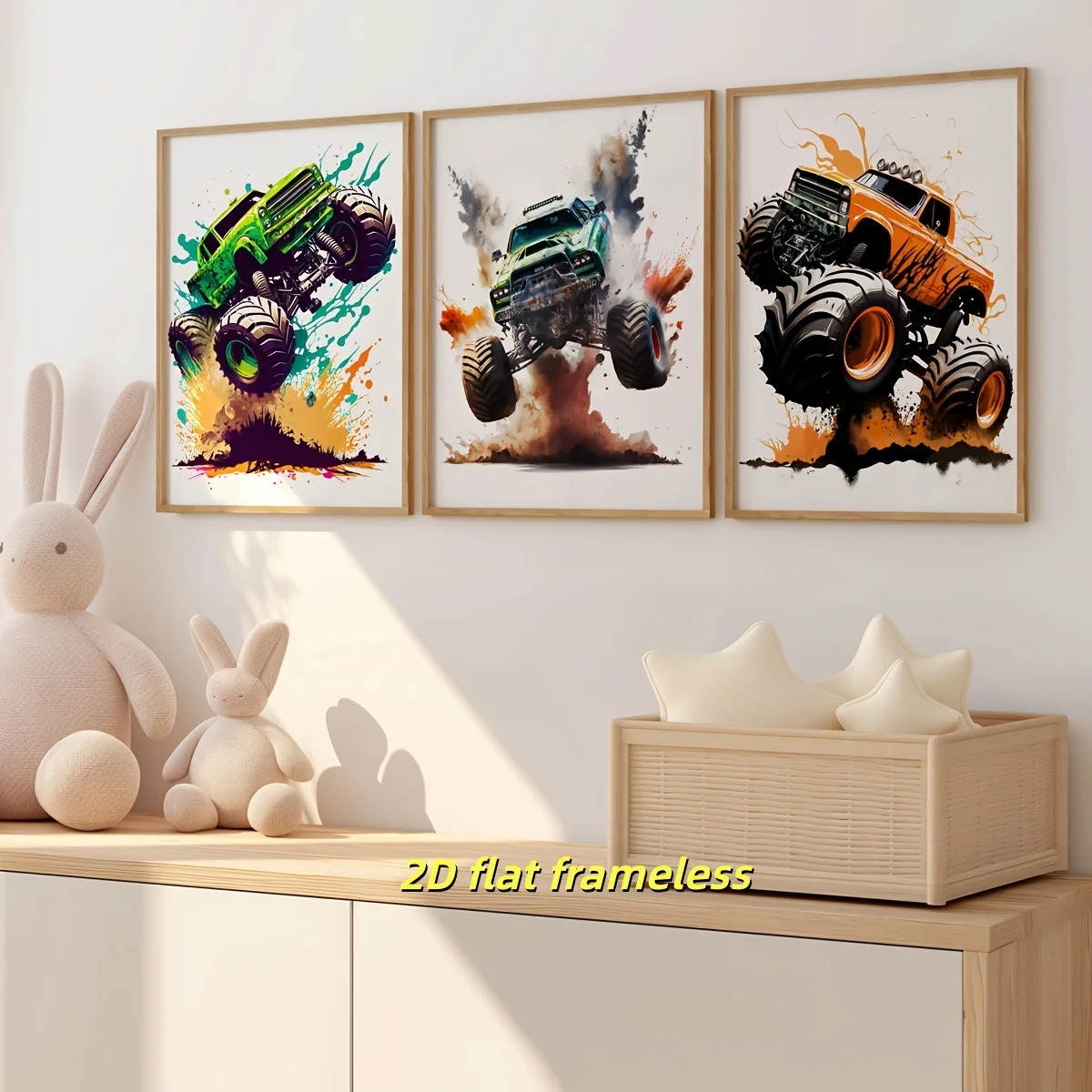 3 colorful monster truck jumping art canvas posters, ideal gifts for living room, bedroom, bar, coffee shop, office, corridor de