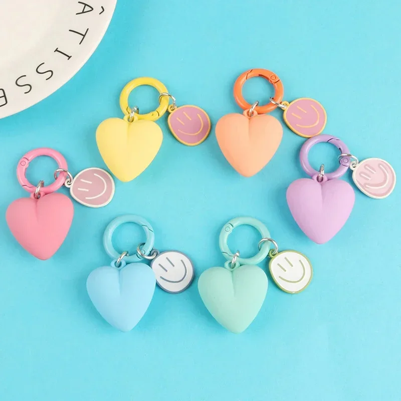 New Cartoon Smile Face Keychain Yellow Pink Blue Big Heart Pendant Key Ring Bag Accessories Decoration For Women Girls