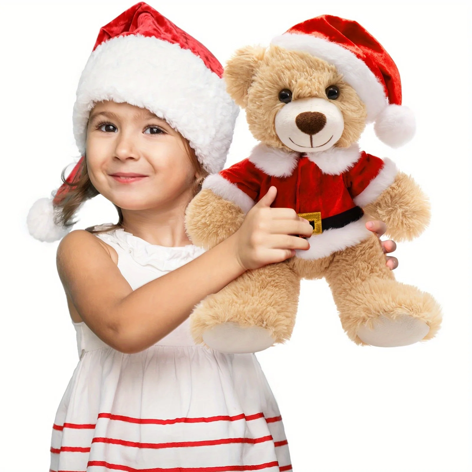 Weihnachts-Teddybär-Kuscheltier – 13,8 Zoll hellbrauner Polyesterfaser-Plüschbär mit Weihnachtsmann-Outfit, Geschenk für Kinder ab 3 Jahren