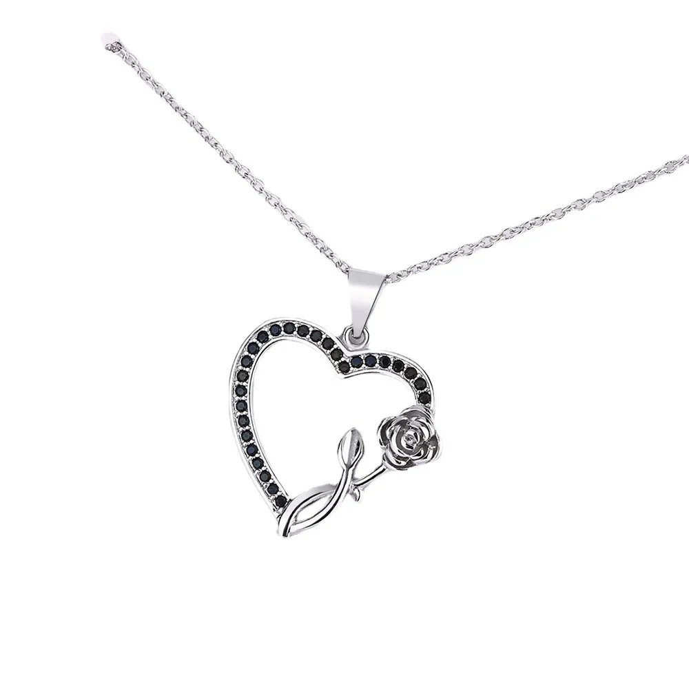 S925 Sterling Silver Heart Shape Rose Black Zirconia Pendant Necklace (40cm +5.0cm) Luxury Jewelry