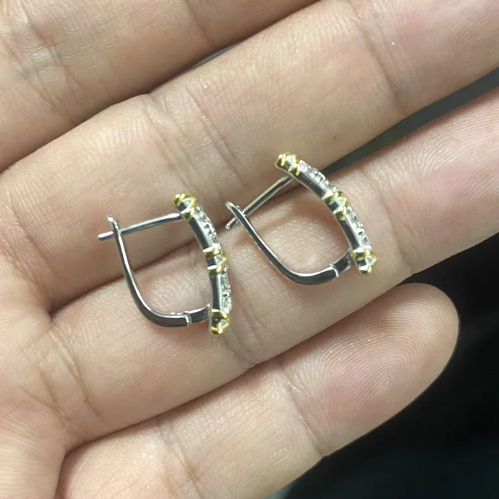 X-Shape Yellow Gold Cross Moissanite Diamond Hoop Earrings for Women 925 Sterling Silver Plated 18k Gold U-shaped Ear Buckle