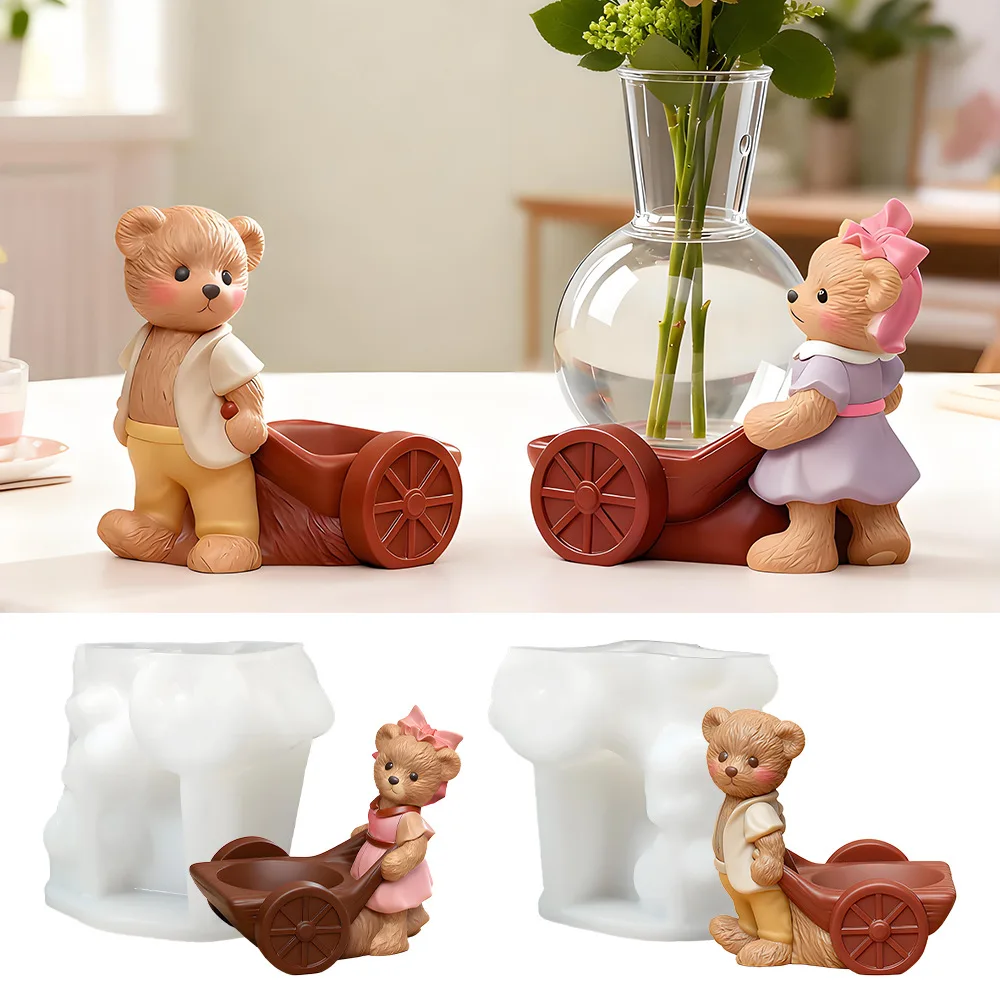 

Little Bears Push Cart Flowerpot Holder Mold Diy Handmade Ball Potted Plants Tray Plaster Cement Mould Epoxy Resin Mold Tools