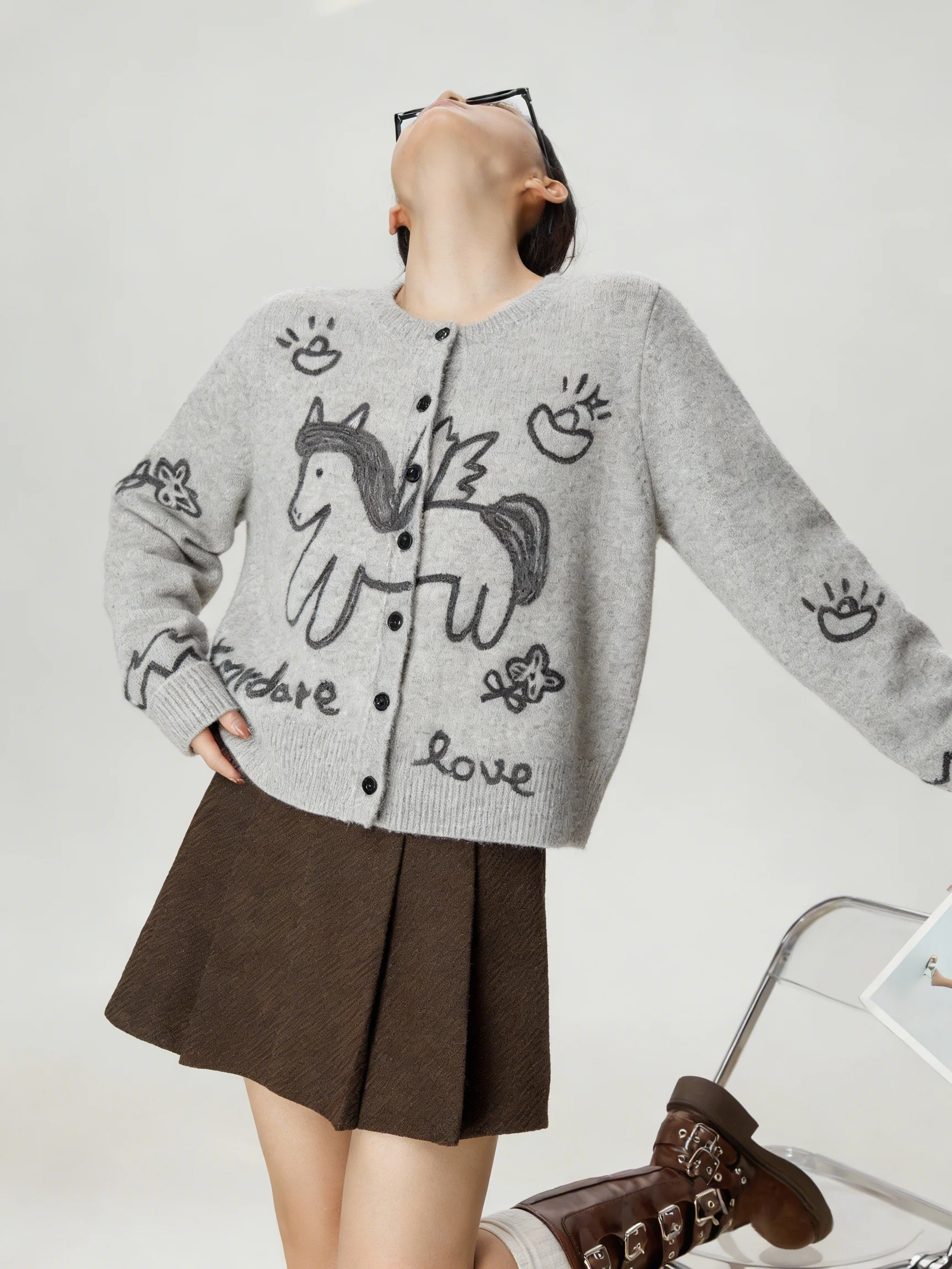 

ay Knitted Open Cardigan Women's Korean Sle Inner Wear Animal Pattern Vintage Loose Fit Long Sve Polyester Blend