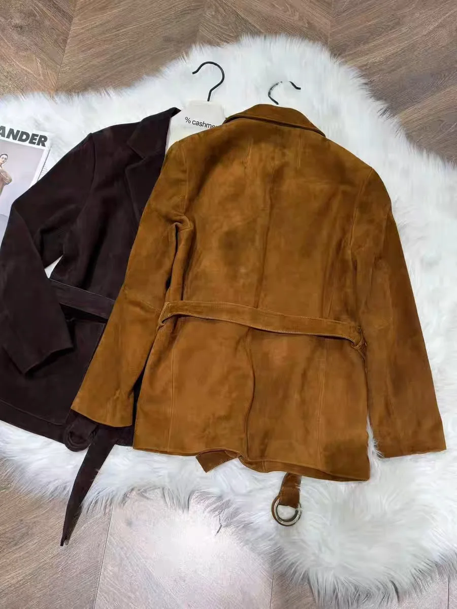 Giacca in pelle scamosciata per bambini retrò di fascia alta per donna Cappotto lungo monopetto con collo quadrato e cinturino Capispalla femminile al cioccolato