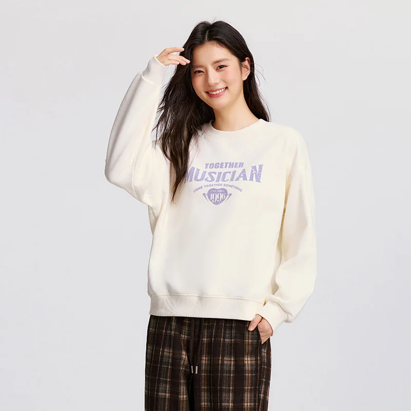 Semir Sweatshirt Women Letter Dropped Shoulder Round Neck Top Loose Trendy Personality Winter White Polar Fleece Retro Pullover