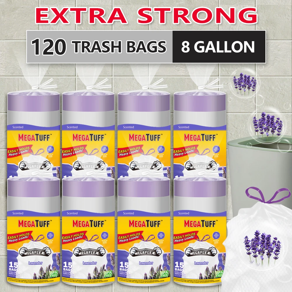 

Xtratuff Medium Drawstring Trash Bags 8 Gallon Trash Bag Lavender Scent 120 Count Garbage Bags White Strong Rubbish Bag for Home