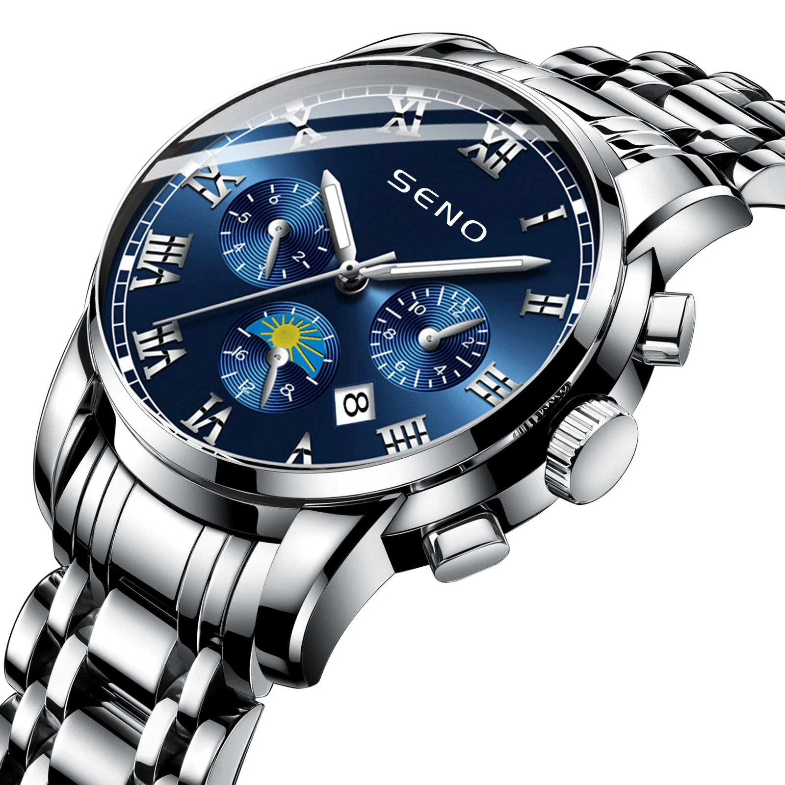New Casual Sun, Moon and Star Watch Men's Quartz Watch Waterproof Date Luminous Steel Watch