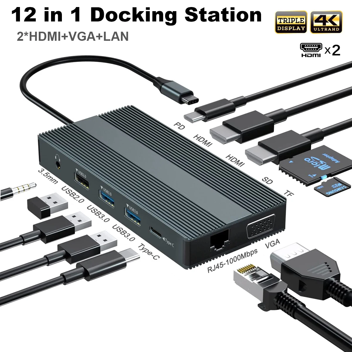 12 in 1 Dual Monitor Type-C Hub Triple Display Docking Station with 2 HDMI VGA 4K Gigabit Ethernet Type-C PD SD/TF 3.5mm Adapter