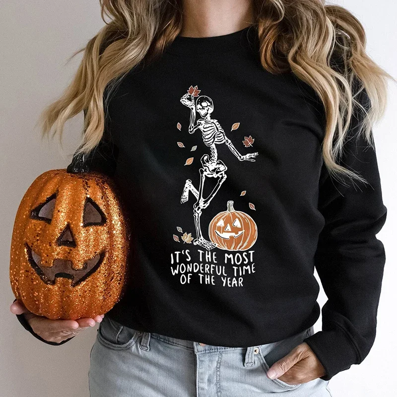 

2024 New Halloween Skeleton & Pumpkin Print Sweatshirts Casual Long Sleeve Crew Neck Sweatshirt Women's Plus Size Clothing