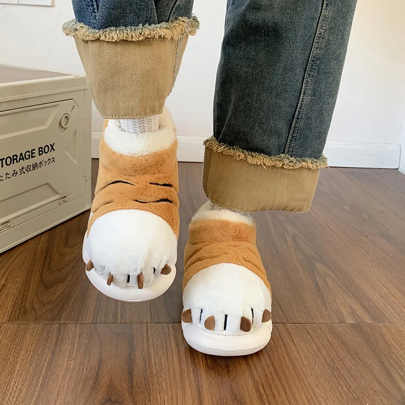 Cute Cartoon Fluffy Slippers For Women Men Winter Warm Shoes Indoor Home Floor Style Soft Plush Tiger Paw Couples Cotton Slipper