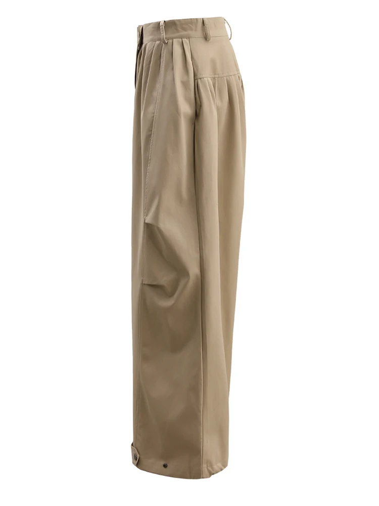 [EAM] High Elastic Waist Khaki Pleated Long Wide Leg Casual Pants New Trousers Women Fashion Tide Spring Autumn 2024 CPG1480