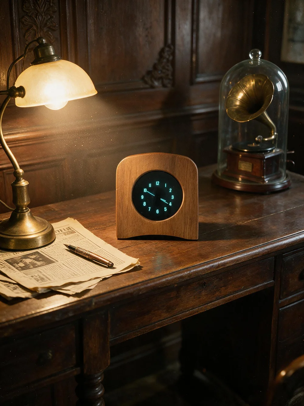 Mini Kreativer Retro High-End Holzmaserung / Aluminiumlegierungsgehäuse Desktop WIFI-Uhr Zeiger-Typ 5V Vakuum-Fluoreszenz-Bildschirm – Detail 2