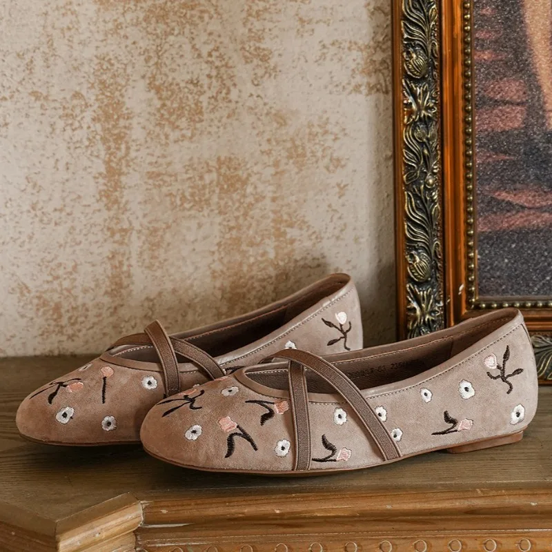 

Embroidery Floral Ballet Flats Shoes Women Vintage Cross Tie Round Toe Slip-on Loafers Spring Autumn Shallow Mary Janes Shoes