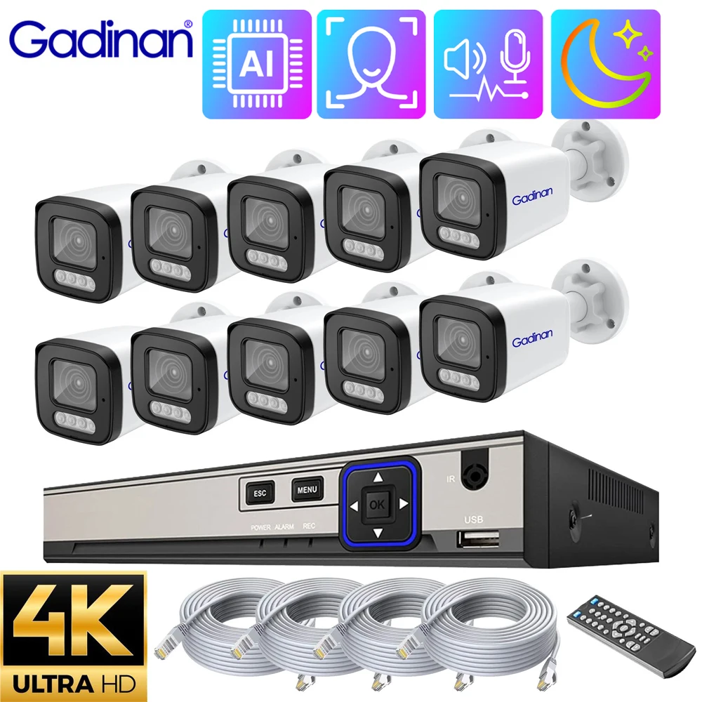 gadinan camera do sistema de seguranca cctv ao ar livre deteccao facial kit de vigilancia por video audio bidirecional aplicativo xmeye 10ch 4k 8mp ip poe 01