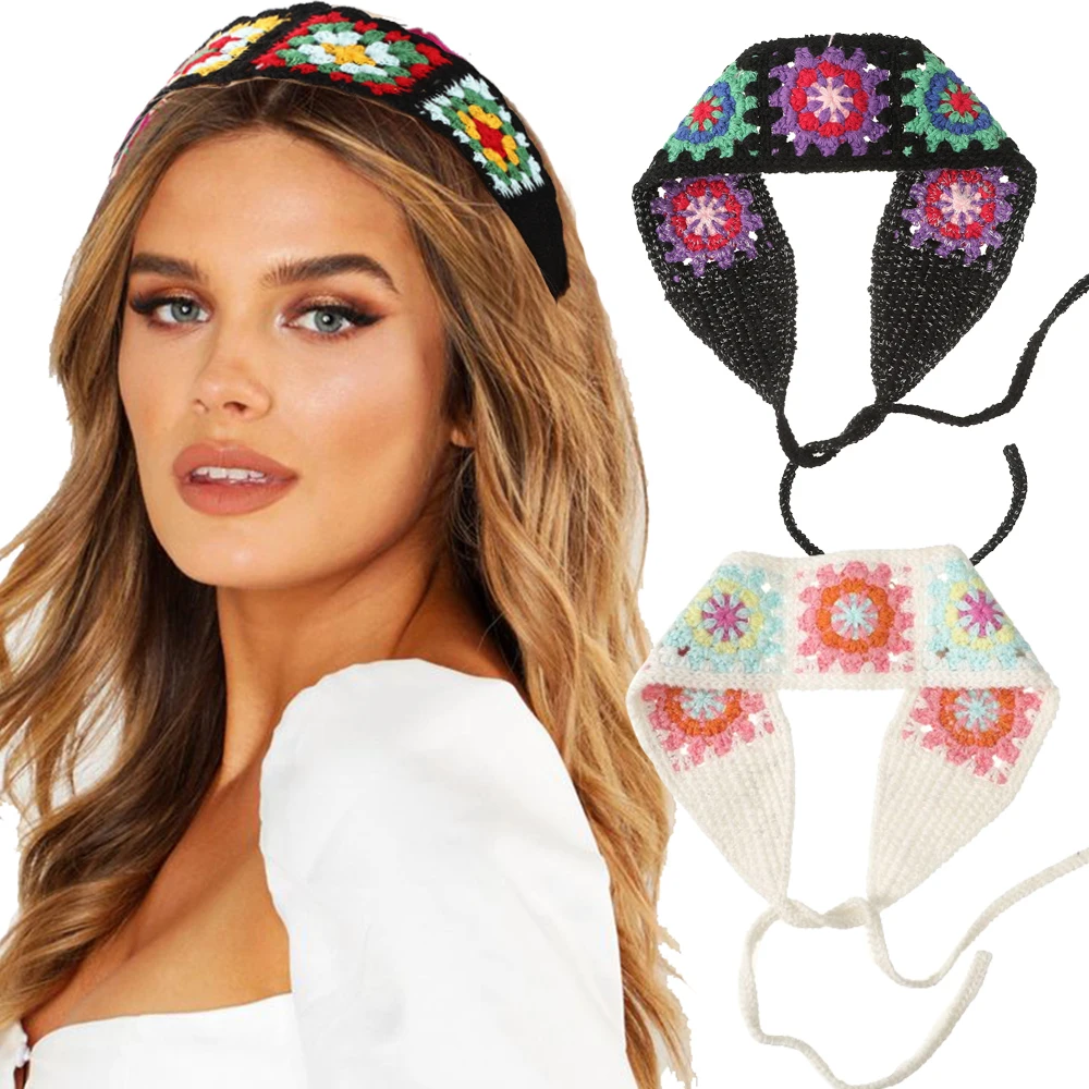 White Crochet Flower Turban Scarf Wraps Women Retro Headbandd Hair Band Headscarf Fashion Travel Photo Headband Hair Accessories