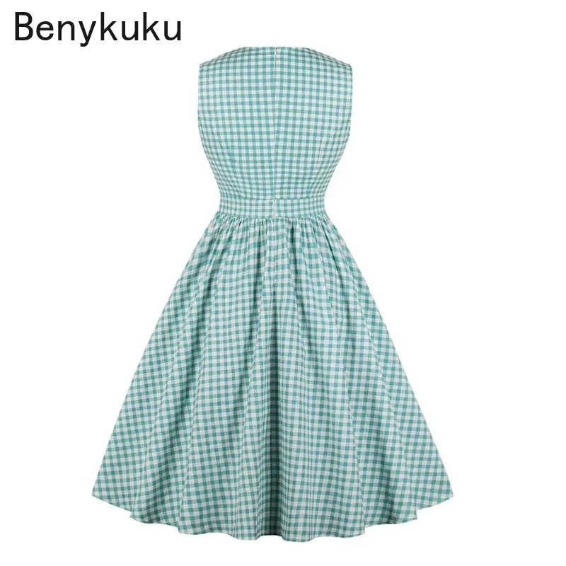 Plaid Green Day Irish 50 60 Retro Vintage Dress 2024 Women Elegant Casual Party Summer  Bowknot Pocket Vestido Swing Midi Dress