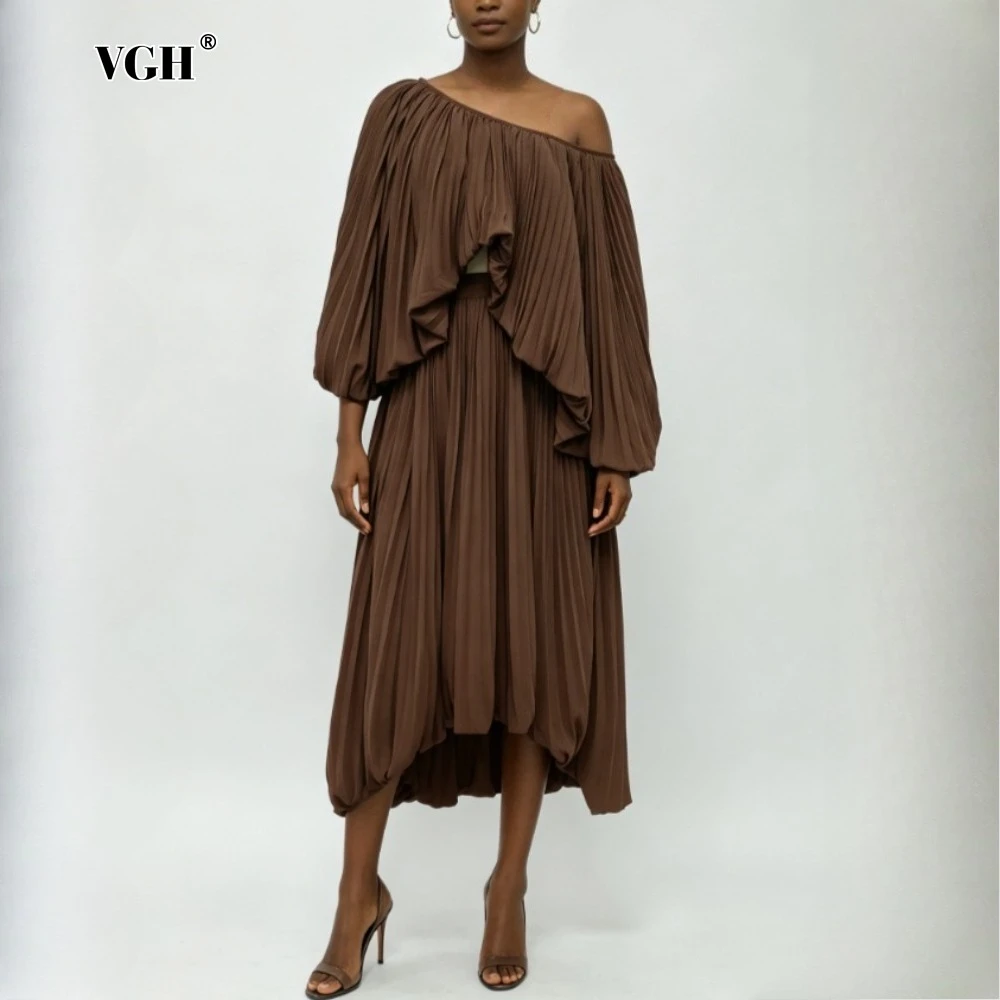 

VGH Coffee Spliced Folds Two Piece Set Female Skew Collar Long Sleeve Top Vintage Intellectual Women's Skirt Sets Fashion New