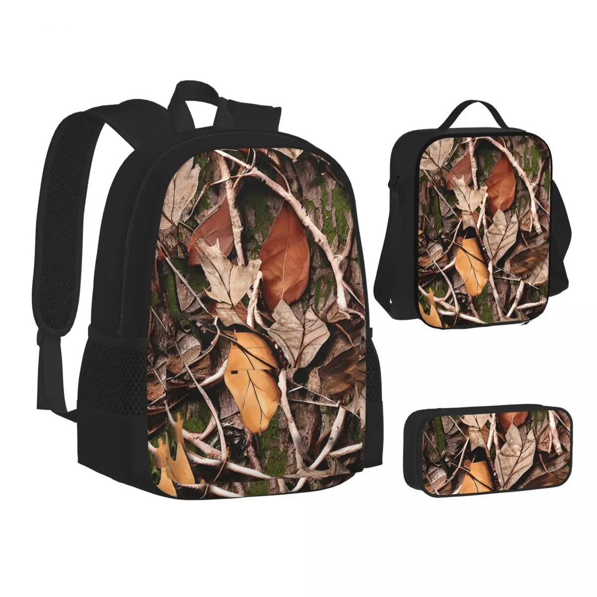 

Leaves Sticks And Bark Camoflouge Backpacks Bookbag Children School Bags Kids Rucksack Lunch Bag Pen Bag Three-Piece Set