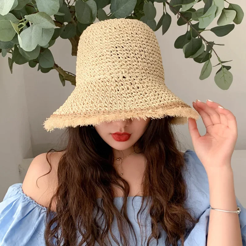 2022 Womens Straw Hats Chinese Straw Hat Panamas UV Protection Sun Visor Beach Hats Women Visors Foldable Female Summer Sun Hat