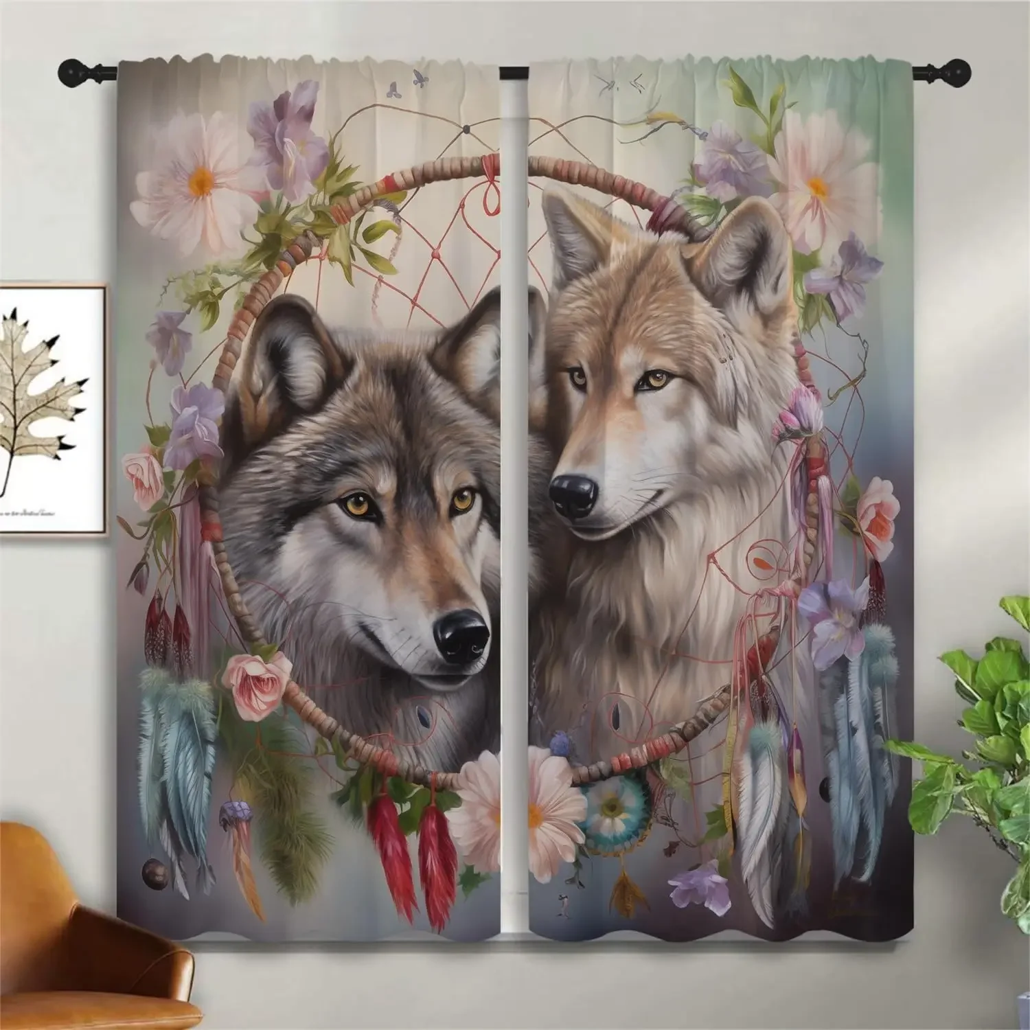 Wolf Dream Catcher Blackout Curtains,Bohemian Floral Wildlife Wolf Native American Animal Feather, 2 Panel Rod Pocket Thermal